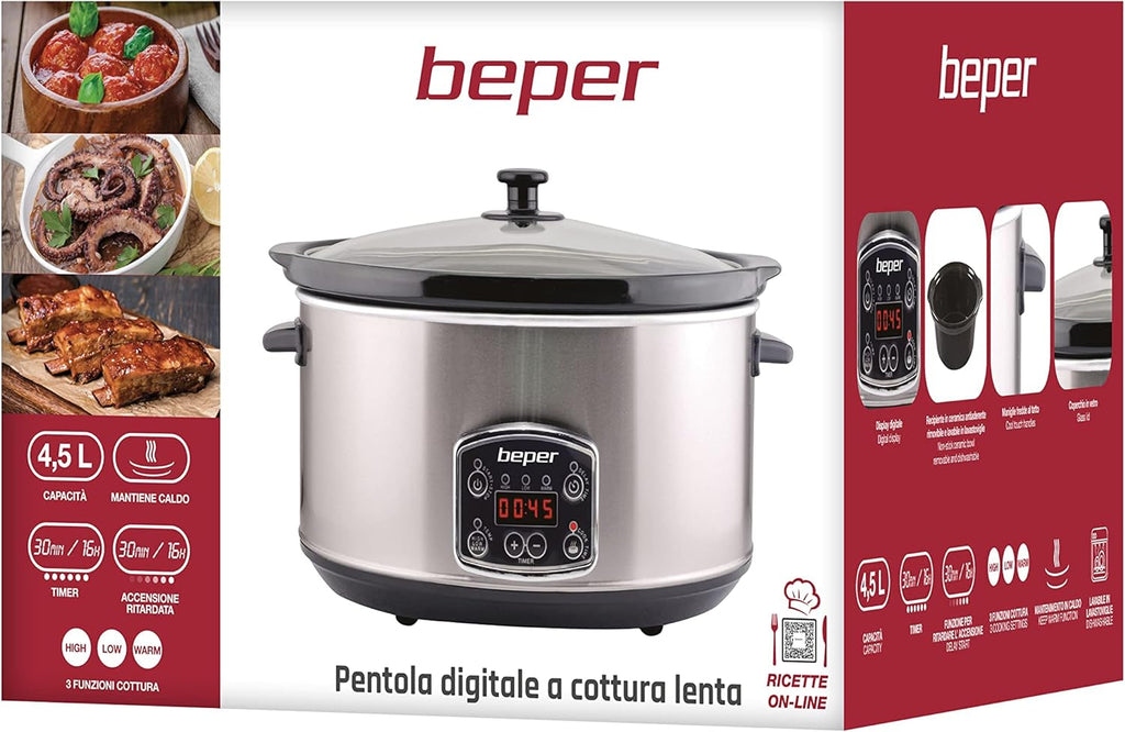 Beper BC.510 Slow Cooker, 280 W, 4,5 litri, sticlă ceramică, negru și oțel Slow Cooker Naty Shop