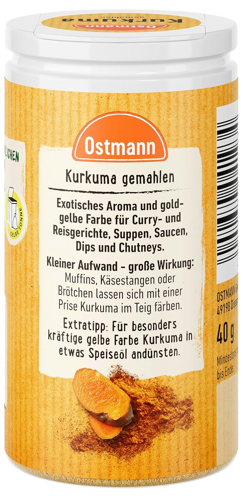 Ostmann Gewürze - Kurkuma gemahlen | Recettes parfaites pour le curry et le fromage | Verleiht Gerichte eine goldgelbe Farbe | Ingrédients naturels | 40 g dans Der Streudose