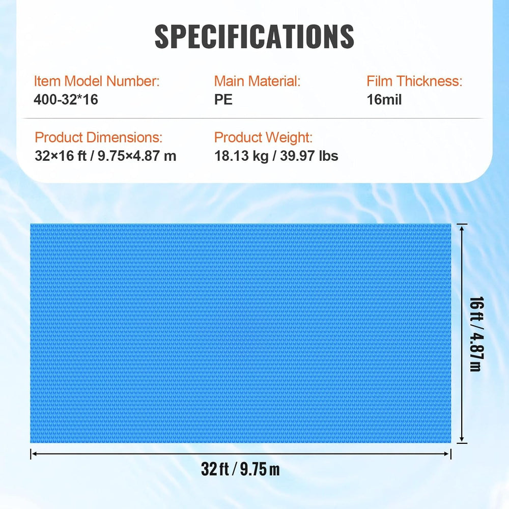 Prelată solară pentru piscină VEVOR, pătură solară dreptunghiulară 9,75 x 4,87 m pentru piscine, prelată solară pentru piscine supraterane, prelate solare de 16 mil albastre