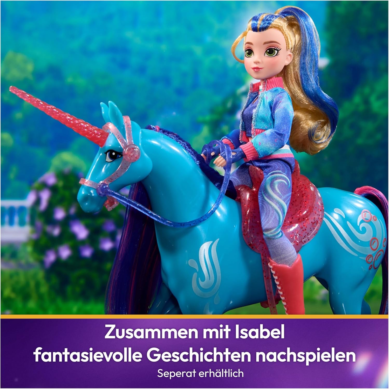 Unicorn River Unicorn Academy - Licorne Isabel originale de 28 cm de haut de la série Netflix, avec crinière et queue réelles, bride, selle et brosse amovibles, pour les enfants à partir de 4 ans