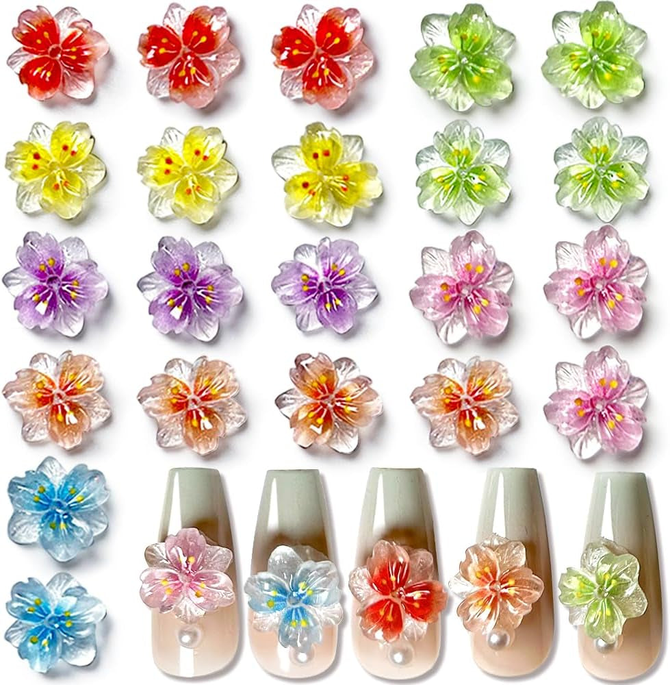 50Pcs 3D Blume Nagel Charms Nägel Zubehör Nageldesign Glitzersteine ​​​​Nailart Strasssteine ​​​​Fleur Nail Charms Lumineux Fleur Nail Art Charms Bunte Blumen Deko Nagel Steinchen Fleurs Nail Strass