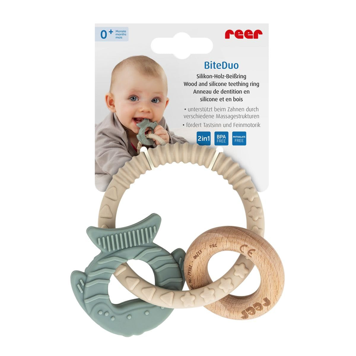 reer BiteDuo | Anneau de dentition en bois de silicone pour bébé | Aide à la dentition | Jouet motorisé