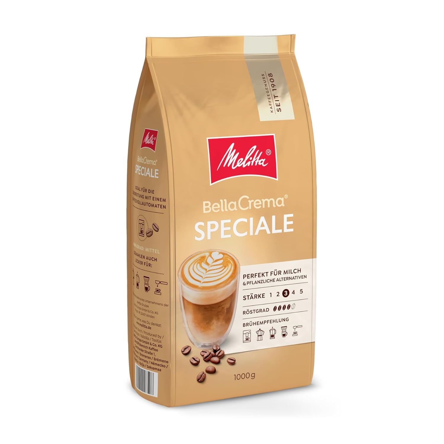 Melitta BellaCrema Speciale Ganze Kaffee-Bohnen 1kg, ungemahlen, Kaffeebohnen für Kaffee-Vollautomat, medium Röstung, geröstet in Deutschland, Stärke 3