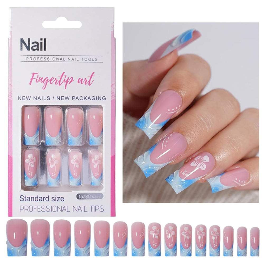 30pcs Faux Ongles Français - Colle sur Ongles Artificiels - Ongles en Gel Doux pour Femme - Ongles Adhésifs Acryliques Manucure Carrée (Rose Français)