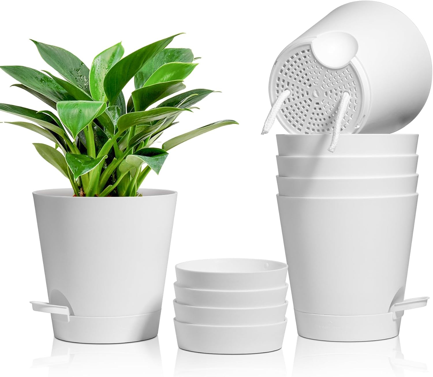 T4U Pots de fleurs en plastique de 14 cm avec système d'arrosage, lot de 6 pots de fleurs et soucoupes à arrosage automatique, pots ronds pour plantes de jardin de balcon intérieur, plantes grasses, cactus, blanc