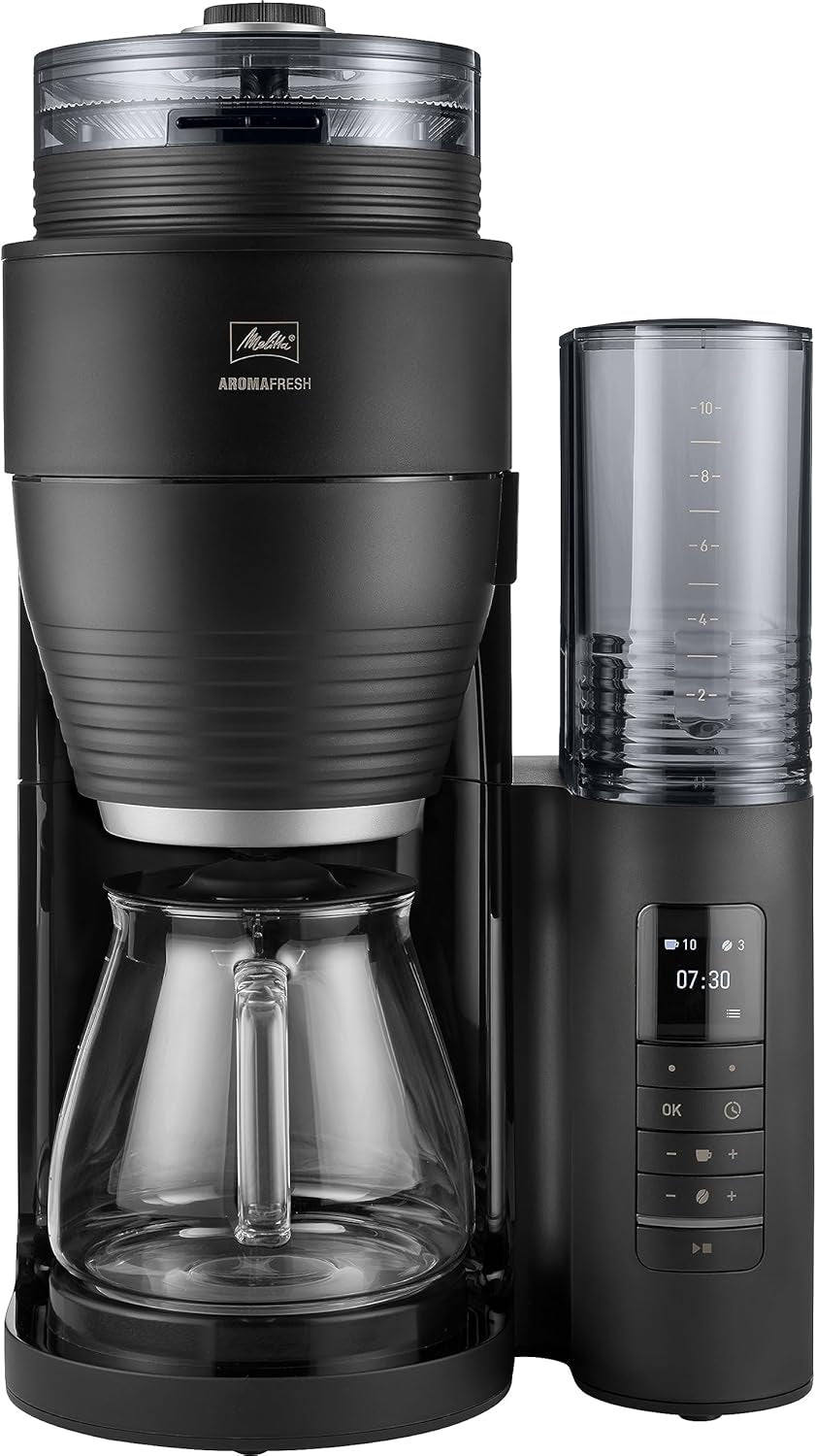 Melitta AromaFresh Therm Pro X - Machine à expresso avec filtre, moulin intégré, réservoir d'eau amovible, carafe thermique en acier inoxydable et fonction minuterie, pour jusqu'à 8 tasses de café, noir/argent