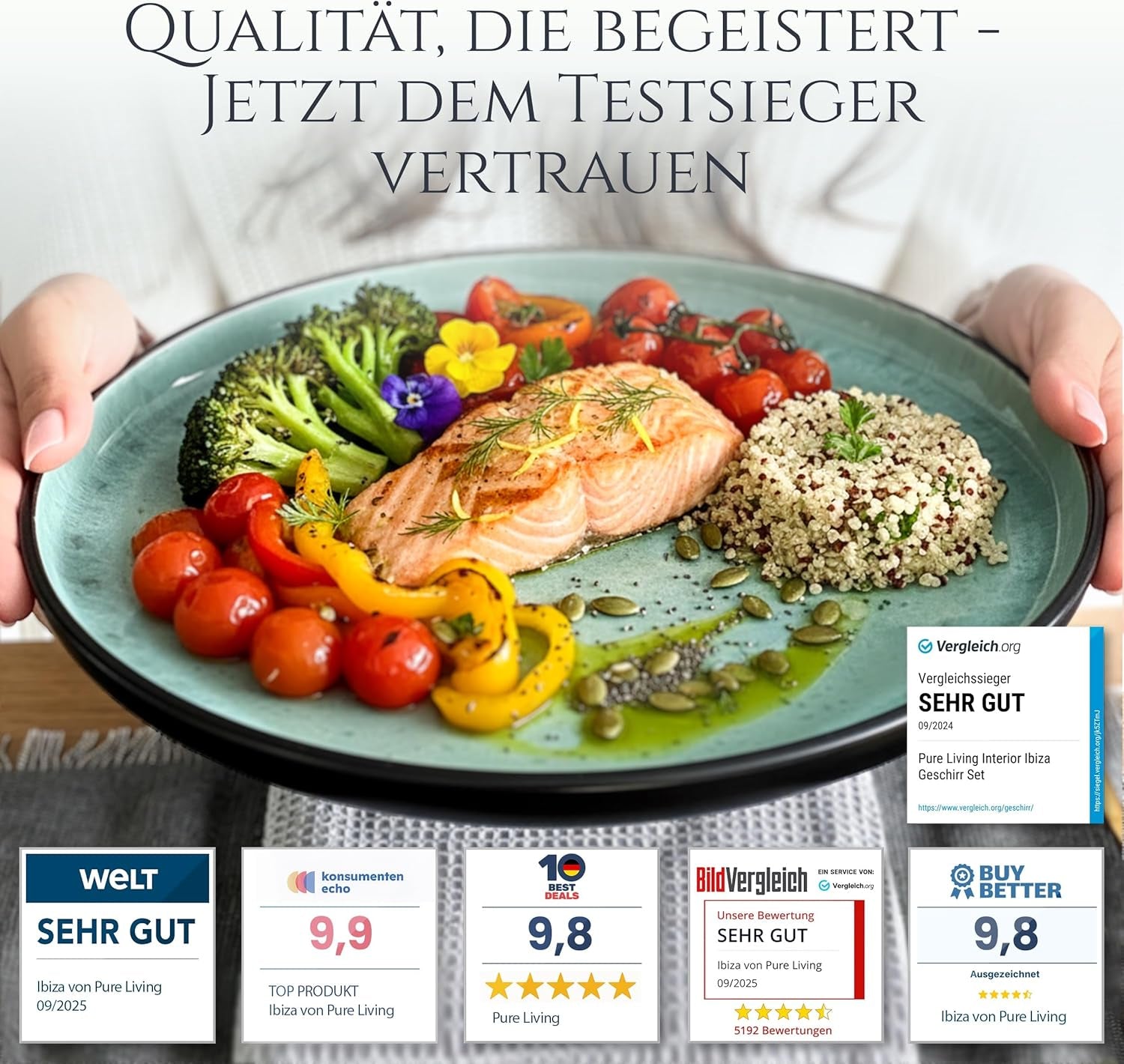 Service de table 24 pièces en grès cérame pour 6 personnes, design Ibiza, GAGNANT DU TEST. Un magnifique ensemble de vaisselle méditerranéenne comprenant des bols et des assiettes. Service de table Pure Living, vert sauge.