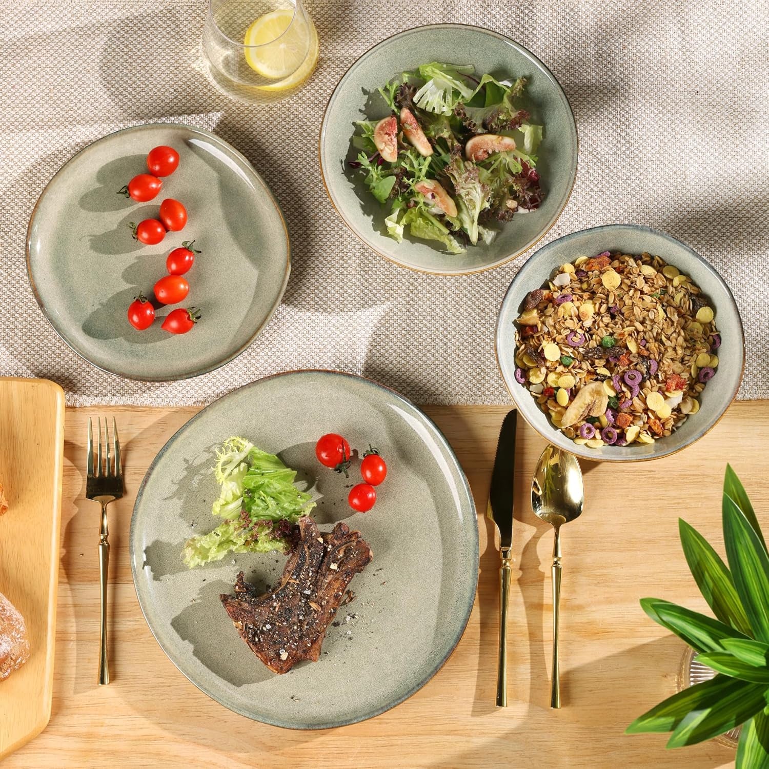 GBhome Service de table en céramique pour 6 personnes, 24 pièces, vernis réactif, fait à la main, passe au micro-ondes et au lave-vaisselle, ensemble de bols et d'assiettes Desret Sage GDW007GY-24P-EU