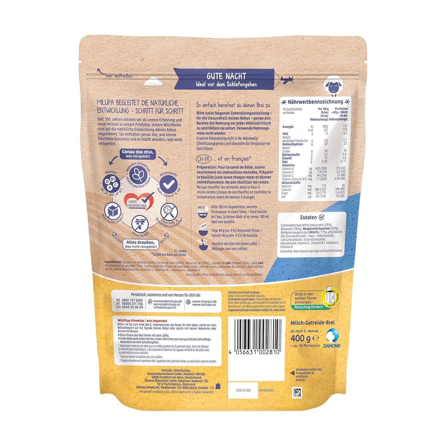 Bouillie de lait Milupa Gentle Start - Céréales pour bébé sans gluten, sans huile de palme - Sans conservateurs ni colorants - Dès 5 mois - 4 x 400 g