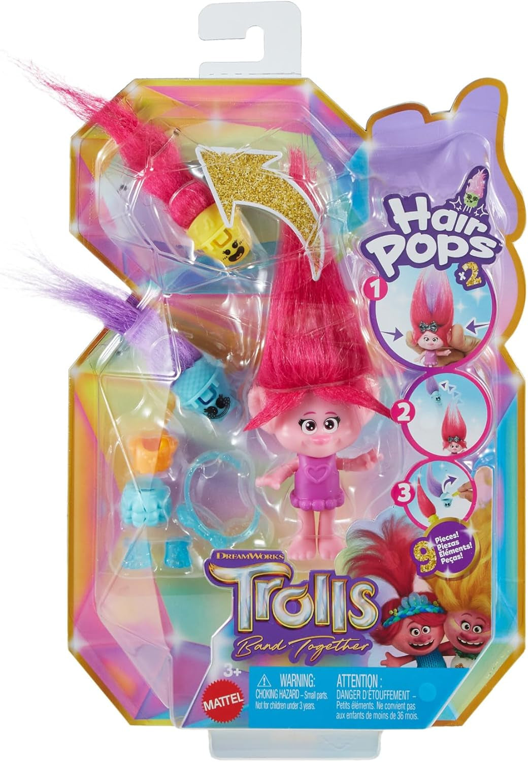 Mattel DREAMWORKS TROLLS Gemeinsam Stark – Haarige Überraschungen Poppy Königin Poppy, Viva, Branch et Guy Diamond Plüschhaar, 2 Haarige Überraschungen, Zubehör, für Kinder ab 3 Jahren, HNF10