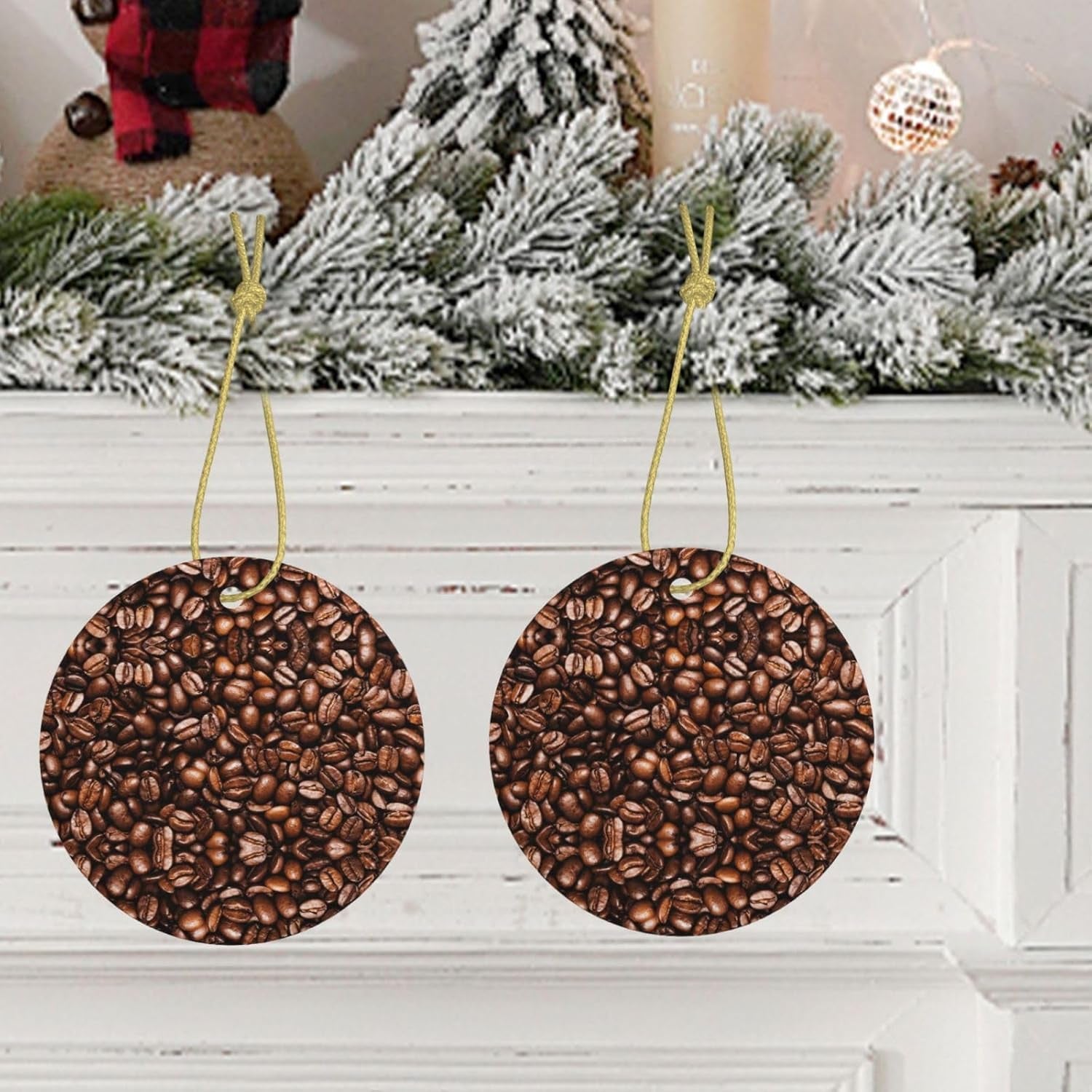 Grains de café torréfiés amusants, rond en céramique imprimé Double face avec ficelle dorée pour suspendre un décor festif pour la maison et le bureau