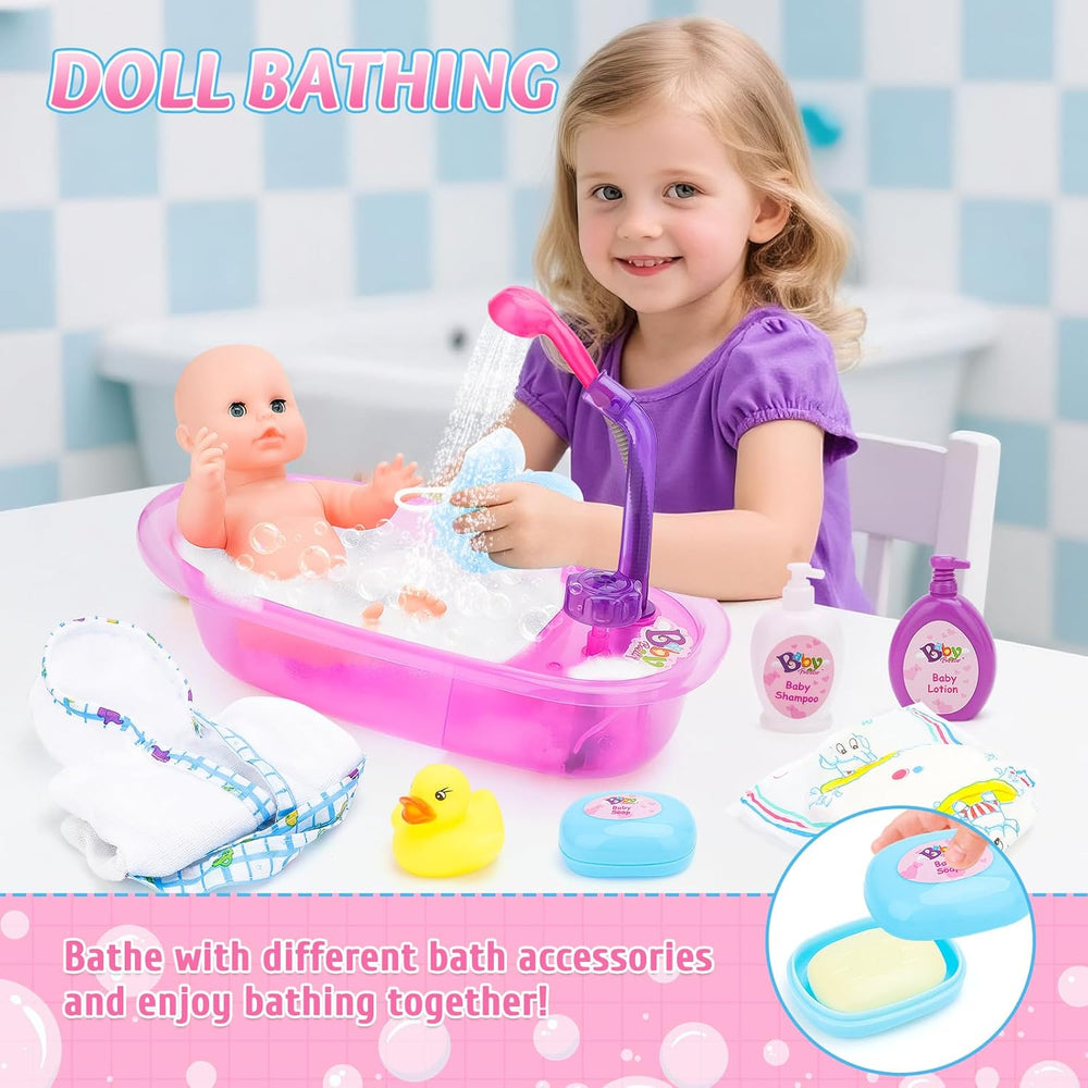 deAO Ensemble de Baignoire pour Poupée, Poupée Interactive de 33 cm, Bain de Poupée, Ensemble de Jeu pour Poupée avec Tétine, Vêtements de Poupée, Peignoir, Couches de Poupée, Baignoire et Douchette Fonctionnelle