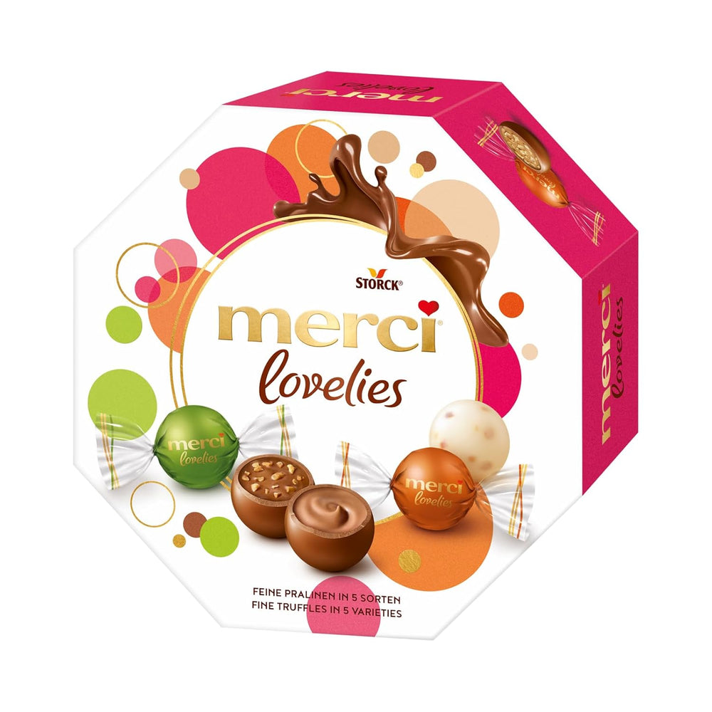 merci lovelies Crémeux – 1 x 185g – Coffret de pralines avec 4 spécialités chocolatées fourrées – Boules de chocolat à partager et à offrir