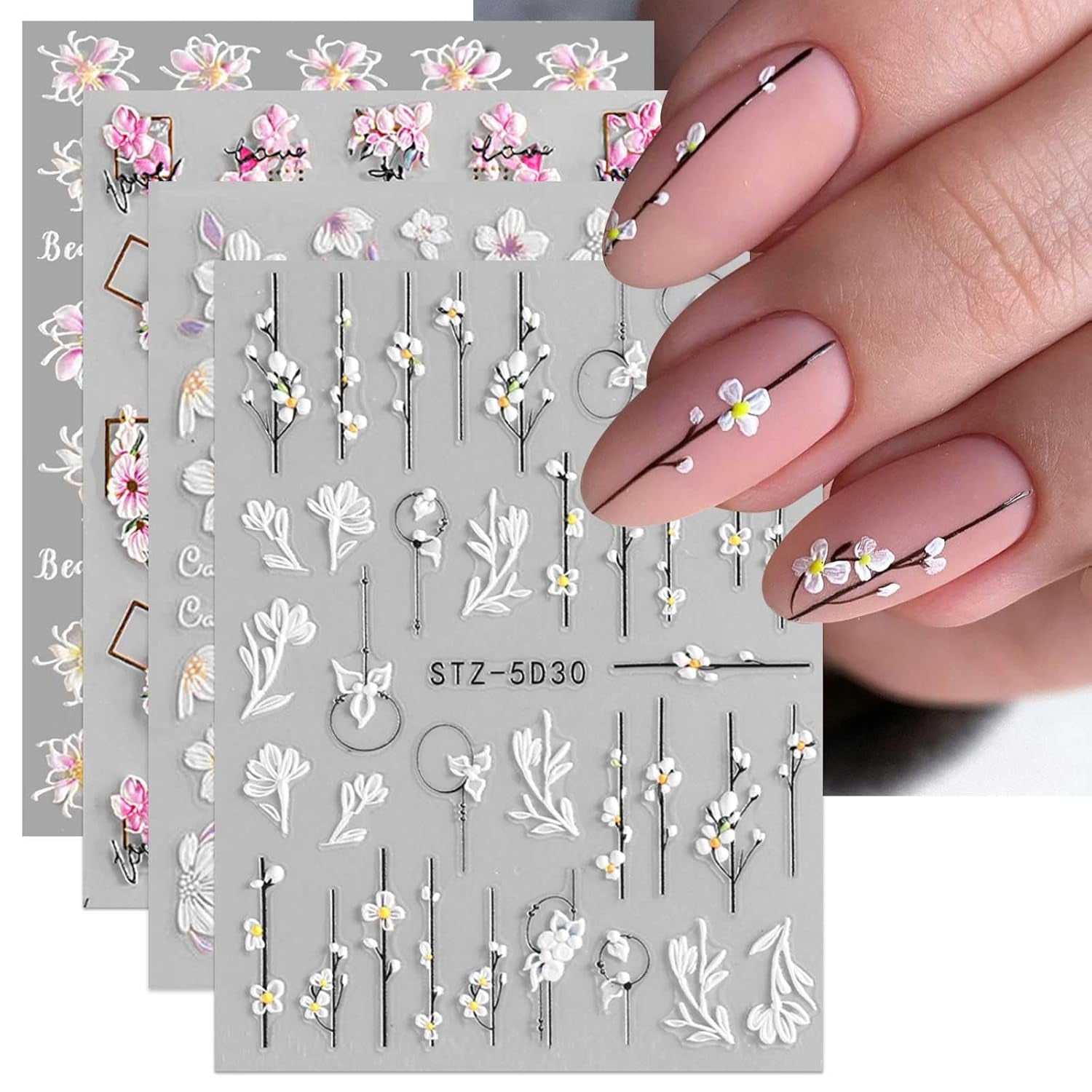 JMEOWIO 3D Nagelsticker Frühling Blume Nail Art Sticker Selbstklebend Nagelaufkleber 5D Stereoskopisch Blumen Dekoration Nageldesign Zubehör 4 Blatt