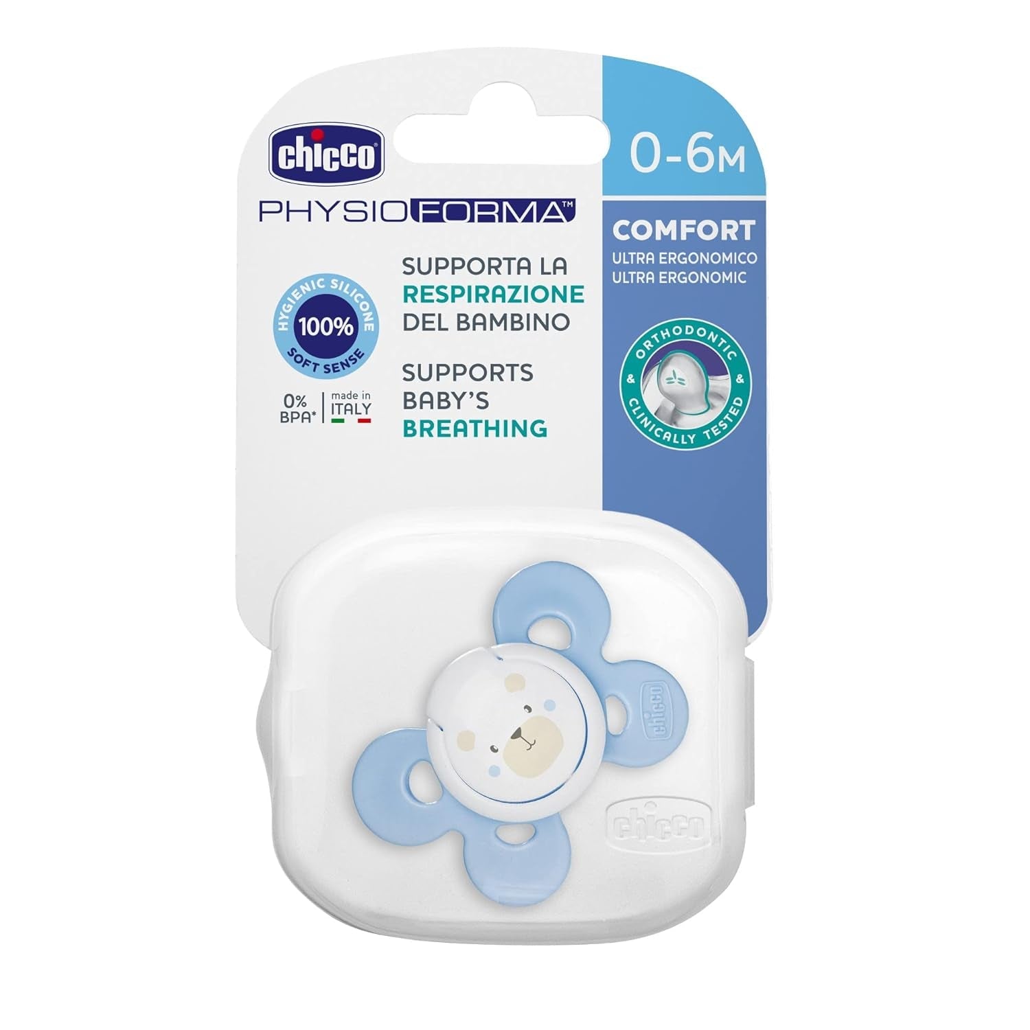 Chicco PhysioForma Comfort Sucette 16-36 mois, Sucette pour bébé avec tétine en silicone, 1 pièce, favorise la respiration physiologique et le développement buccal correct, Bleu