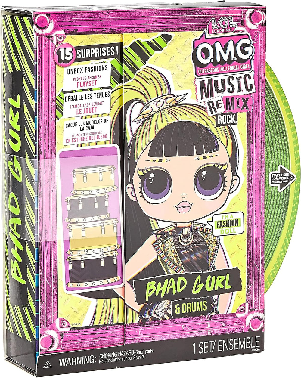 L.O.L. Surprise! OMG Remix Rock BHAD GIRL Modepuppe mit 15 Überraschungen - mit Schlagzeug, Outfit, Schuhen, Bürste, Puppenständer, Songtext-Magazin & Plattenspieler-Paket - Für Mädchen ab 4+ Jahren