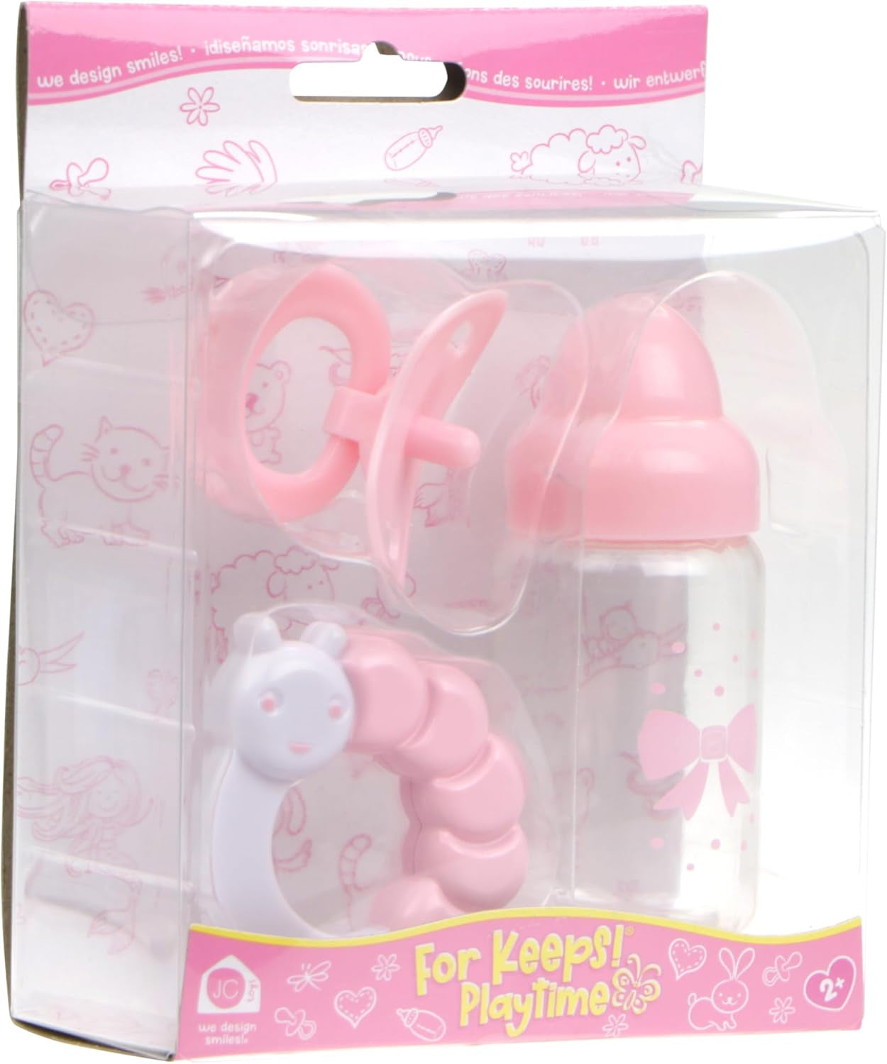 JC Toys- Lot de 3 accessoires pour poupées (biberon, tétine et hochet), rose et blanc, convient à toutes les poupées jusqu'à 50 cm, +2 ans