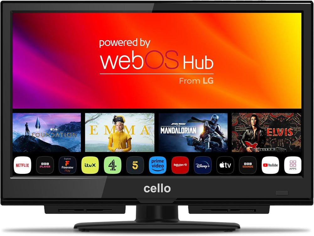 Televizor inteligent Cello C2224WSH de 22 de inci, fără ramă, alimentat de la rețea, LG WebOS, Freeview Play, FreeSat, Bluetooth, difuzoare Pitch Perfect, ideal pentru bucătărie, dormitor sau camere mici