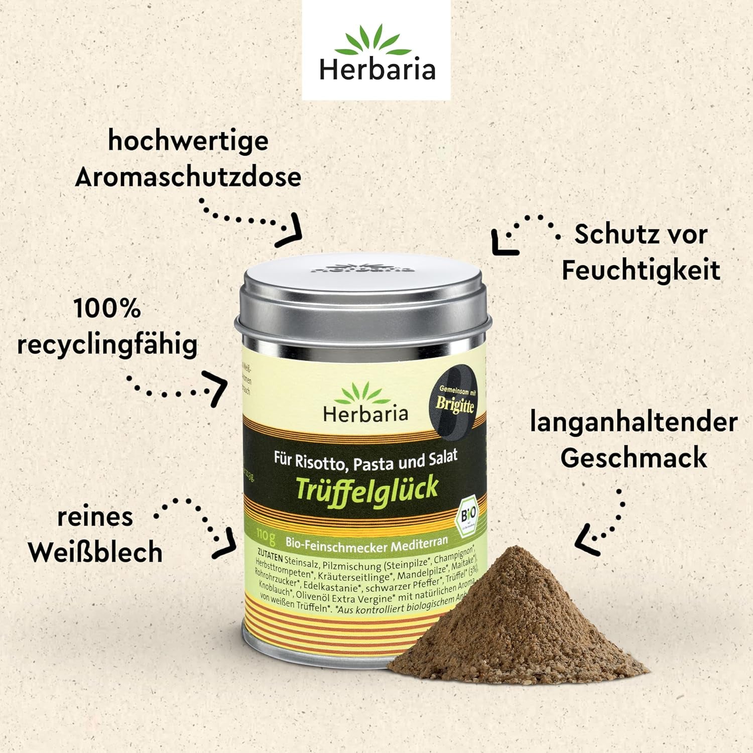 Herbaria Trüffelglück bio 110g M-Dose - Fertiges Bio-Pilz- & Trufflegewürz für intensiv-köstliche Gerichte - with erlesenen Ingredient - in nachhaltiger Aromaschutz-Dose