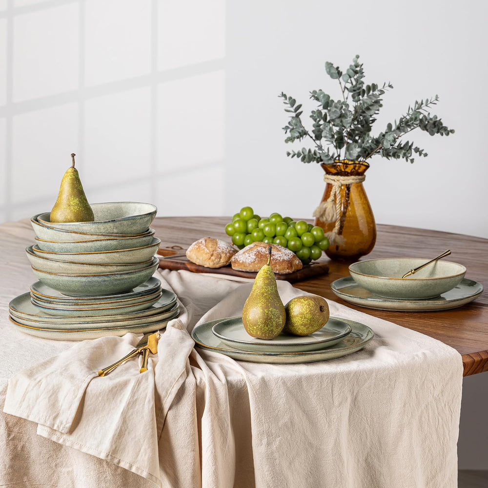 GBhome Service de table en céramique pour 6 personnes, 24 pièces, vernis réactif, fait à la main, passe au micro-ondes et au lave-vaisselle, ensemble de bols et d'assiettes Desret Sage GDW007GY-24P-EU