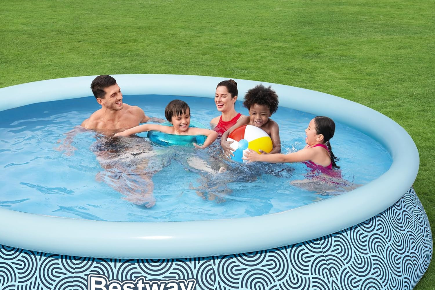 Set piscină supraterană Bestway Fast Set cu pompă de filtrare, Ø 396 x 84 cm, 7.340 litri, material TriTech cu 3 straturi, design grafic cu linii, autoasamblare, pompă de filtrare, cartuș de filtrare, plasture de reparare