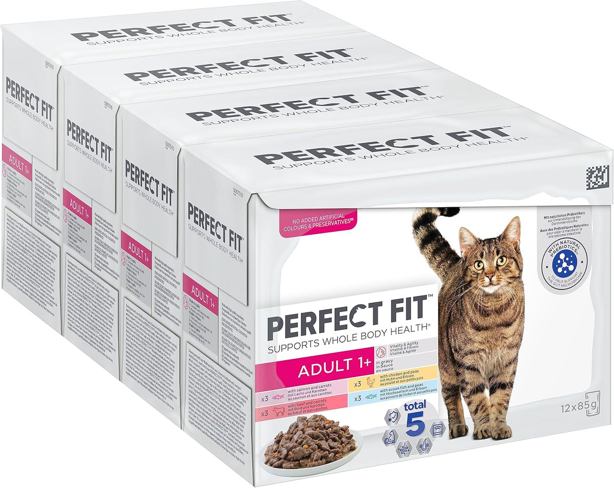 Sélection de nourriture humide Perfect Fit Adult 1+ au saumon, poissons d'eau profonde, bœuf et poulet, 48 sachets, 12x85g (paquet de 4) - Nourriture humide premium pour chat adulte à partir de 1 an