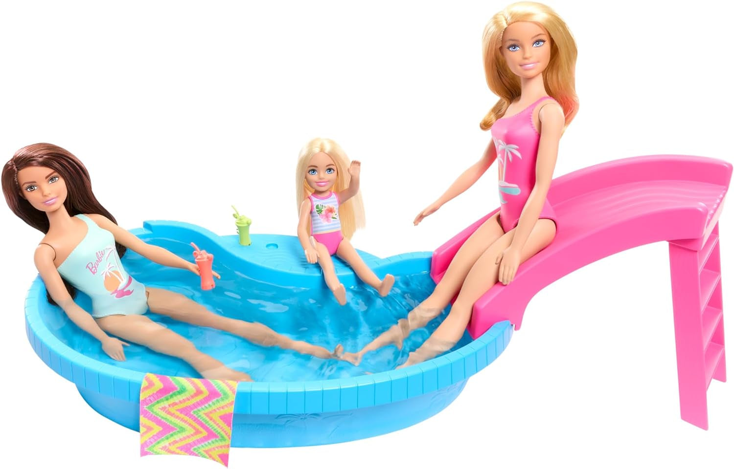 Poupée Barbie et accessoires - piscine avec toboggan et accessoires pour des heures de plaisir au soleil, maillot de bain rose au design tropical, pour les enfants à partir de 3 ans, HRJ74