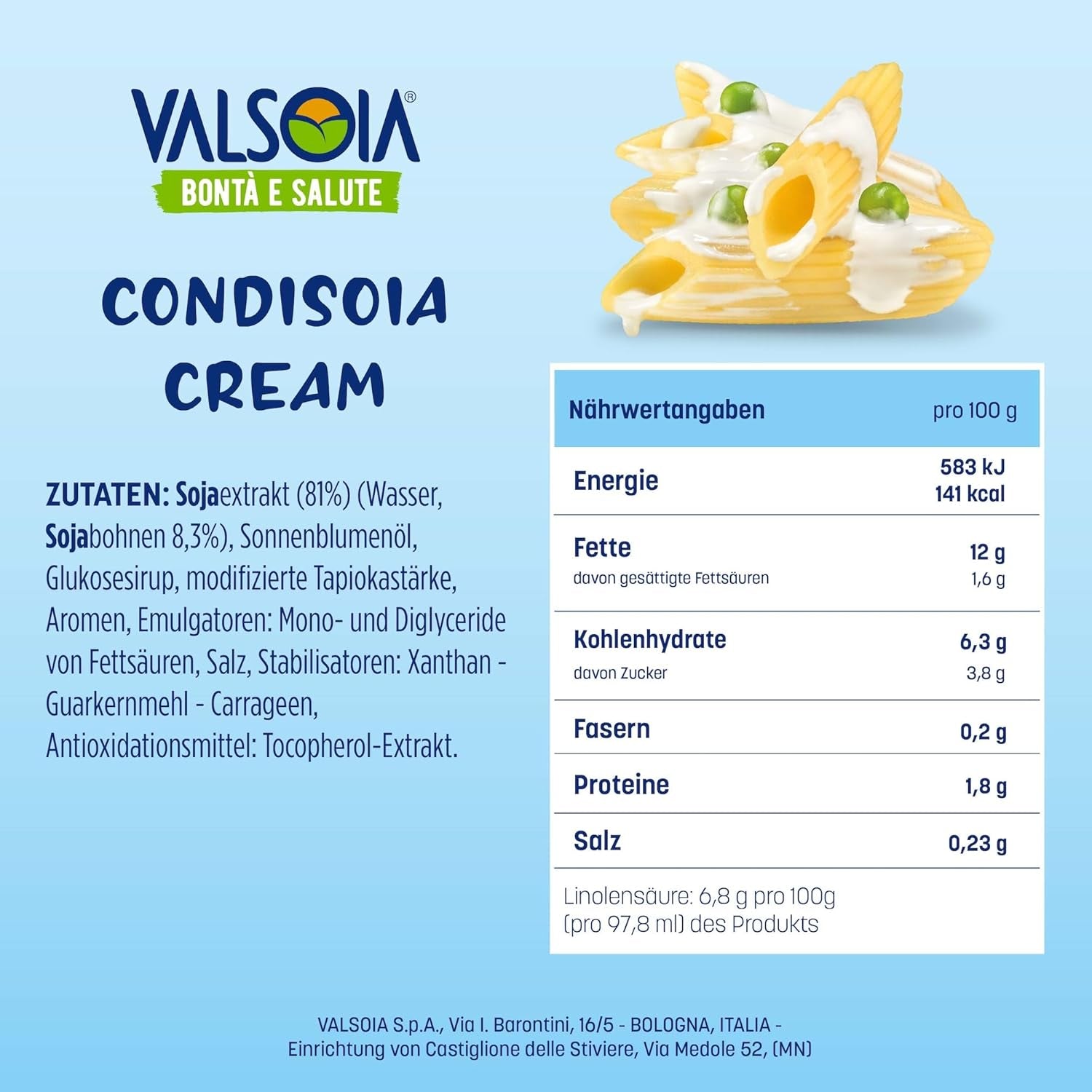 Crème Condisoia, crème de cuisson idéale pour les personnes intolérantes au lactose, végétaliens et végétariens, polyvalente en cuisine, 6 x 200 g