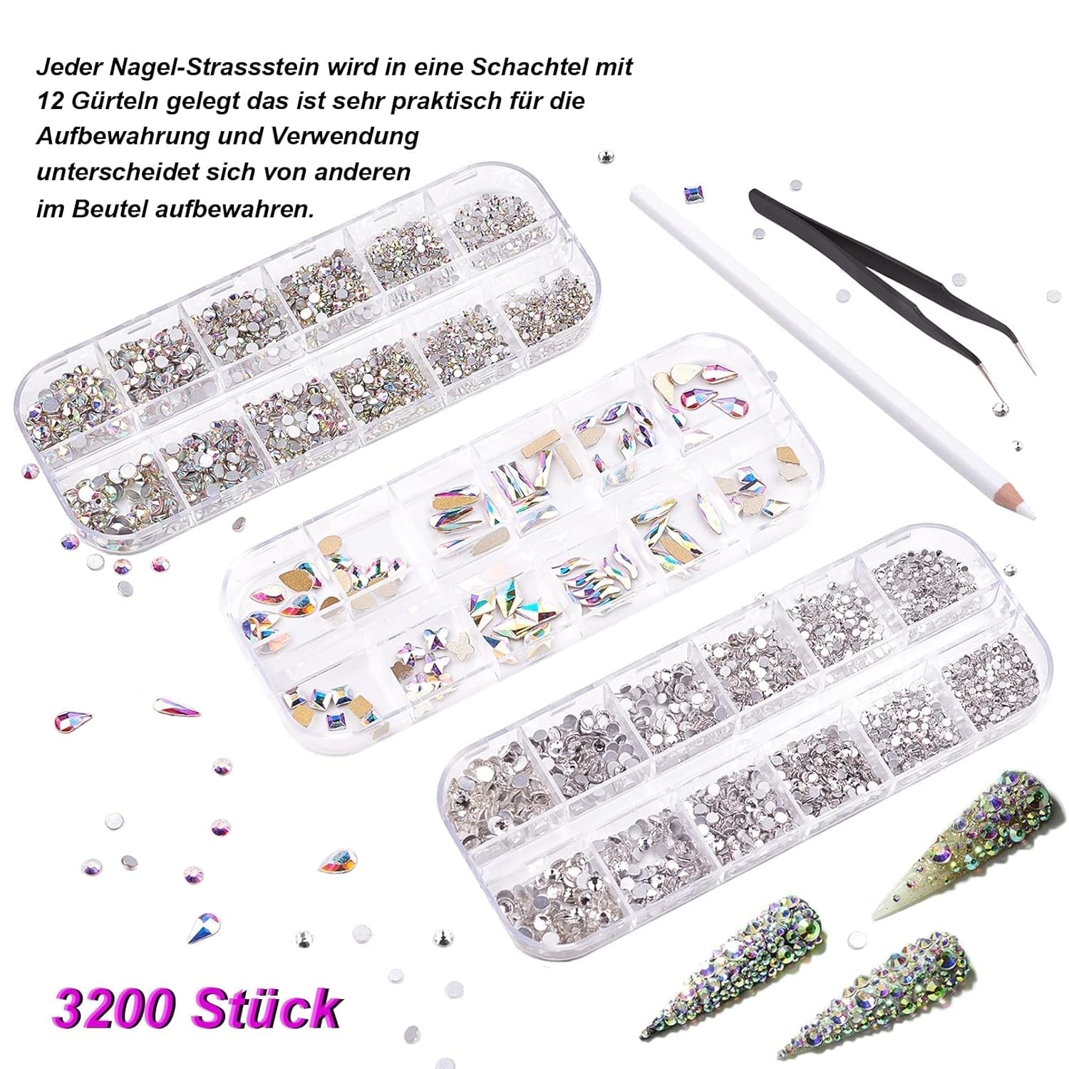 Set de 3200 de pietre pentru unghii, FITDON, pietre AB din sticlă multi-forme și pietre AB cu sclipici și diamant transparent pentru unghii, pentru decorare, seturi DIY, brelocuri pentru bijuterii, accesorii pentru unghii