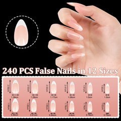 Lot de 240 faux ongles à pression française, 12 tailles, faux ongles avec colle pour femmes et hommes (blanc nu amande moyenne)