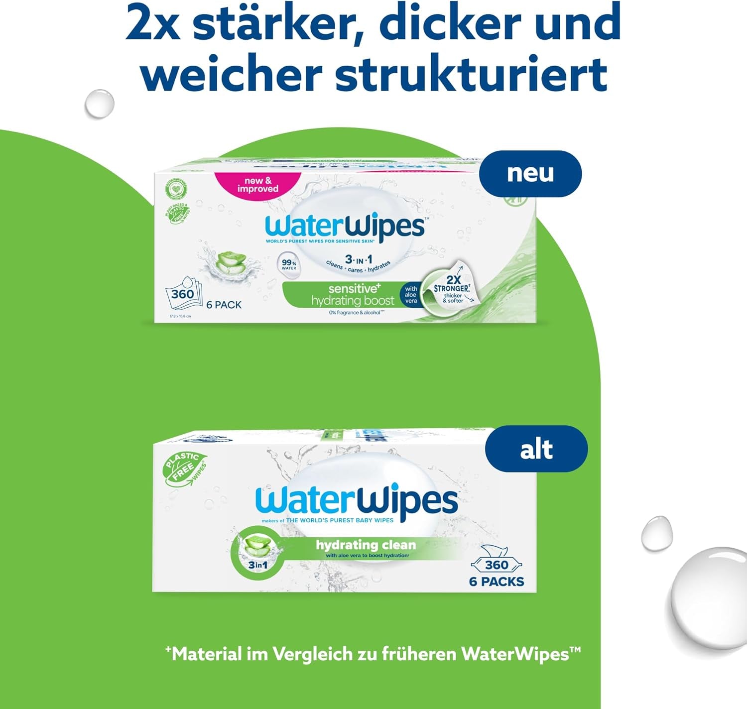 Lingettes humides WaterWipes Sensitive+ Hydrating Boost, lingettes hydratantes, 360 pièces (paquet de 6), nettoyage 3 en 1, soin, hydratation, 99 % d'eau d'aloe vera, lingettes pour bébé non parfumées