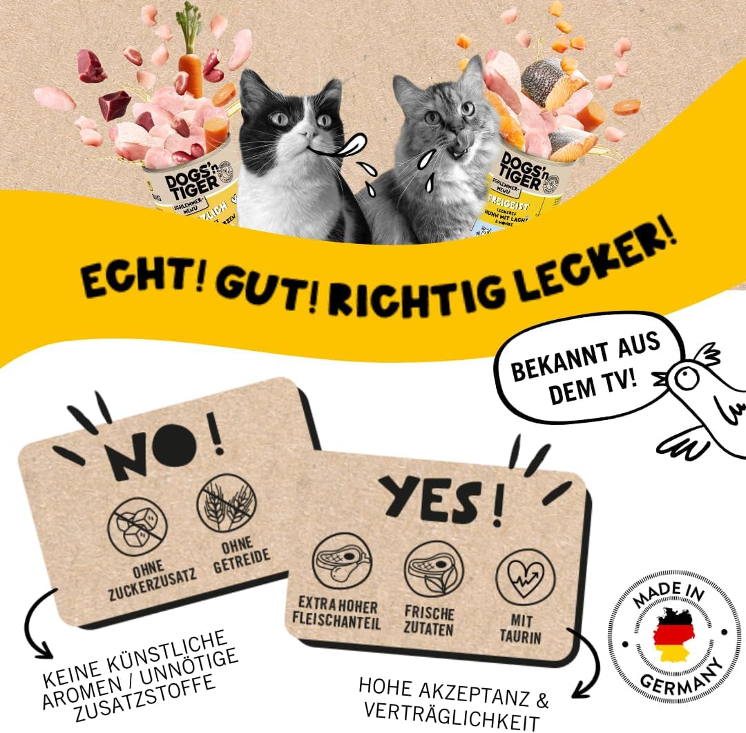 Dogs'n Tiger Schlemmermenü Glückskind, Nassfutter für Kätzchen, saftiges Hun und Forelle - sans Getreide, Zuckerzusatz, künstliche Konservierungsstoffe, optimale Verträglichkeit, 12x 200g
