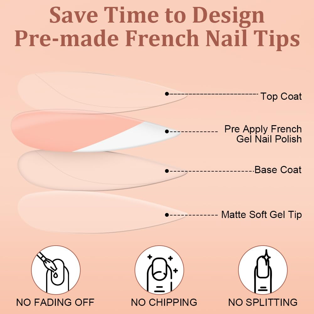 Lot de 240 faux ongles à pression française, 12 tailles, faux ongles avec colle pour femmes et hommes (blanc nu amande moyenne)