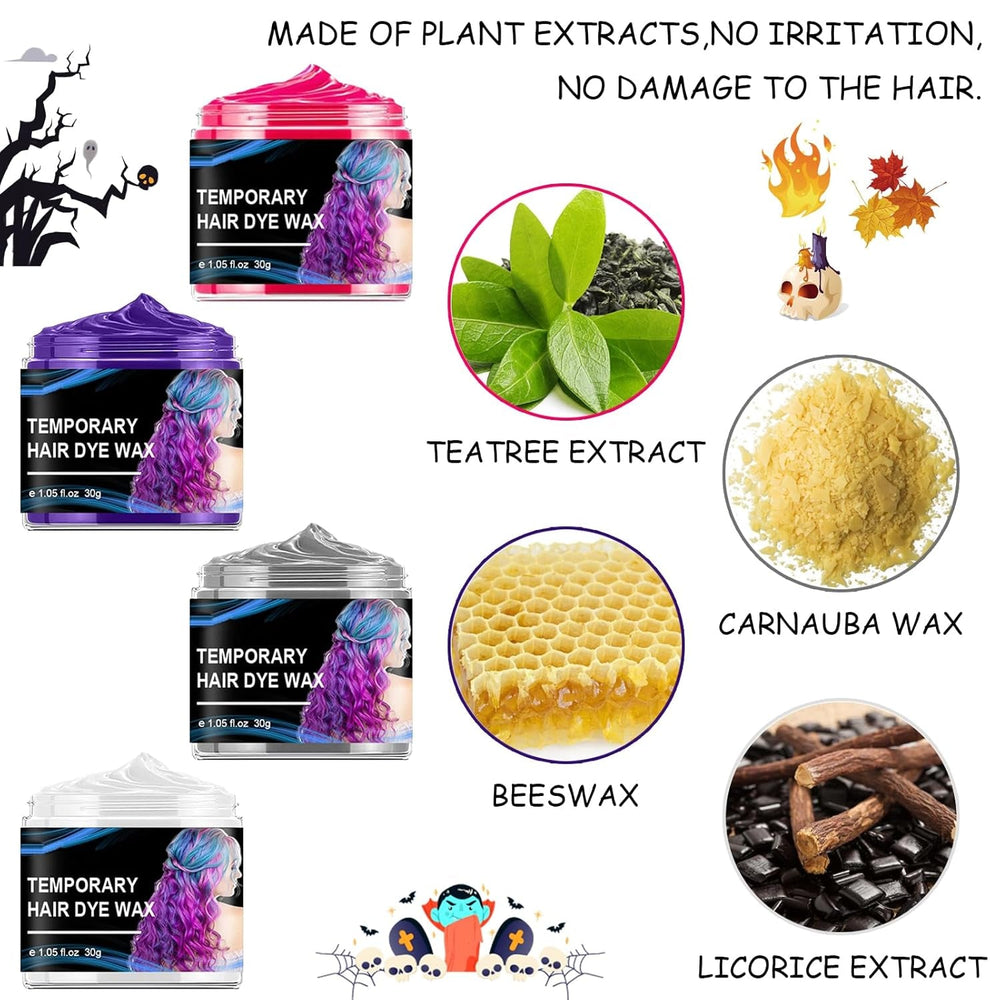 Teinture capillaire temporaire pour Halloween, 4 couleurs, cire coiffante, ton pour hommes et femmes, Halloween, fête Cosplay, teinture pour cheveux, boutique Naty