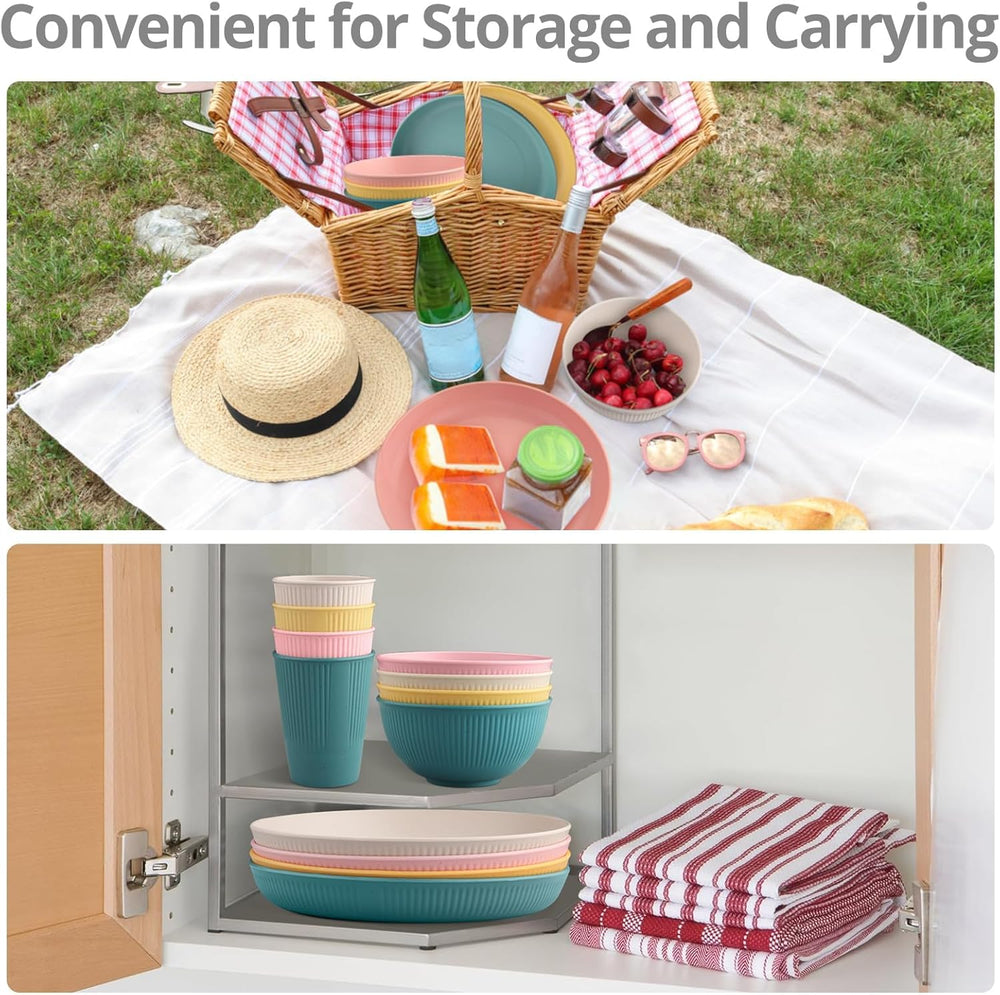 Tanice Service de table en plastique 12 pièces, assiettes et bols, service de table pour 4 personnes, service de table en plastique avec assiettes, bols et tasses pour cuisine, camping en plein air