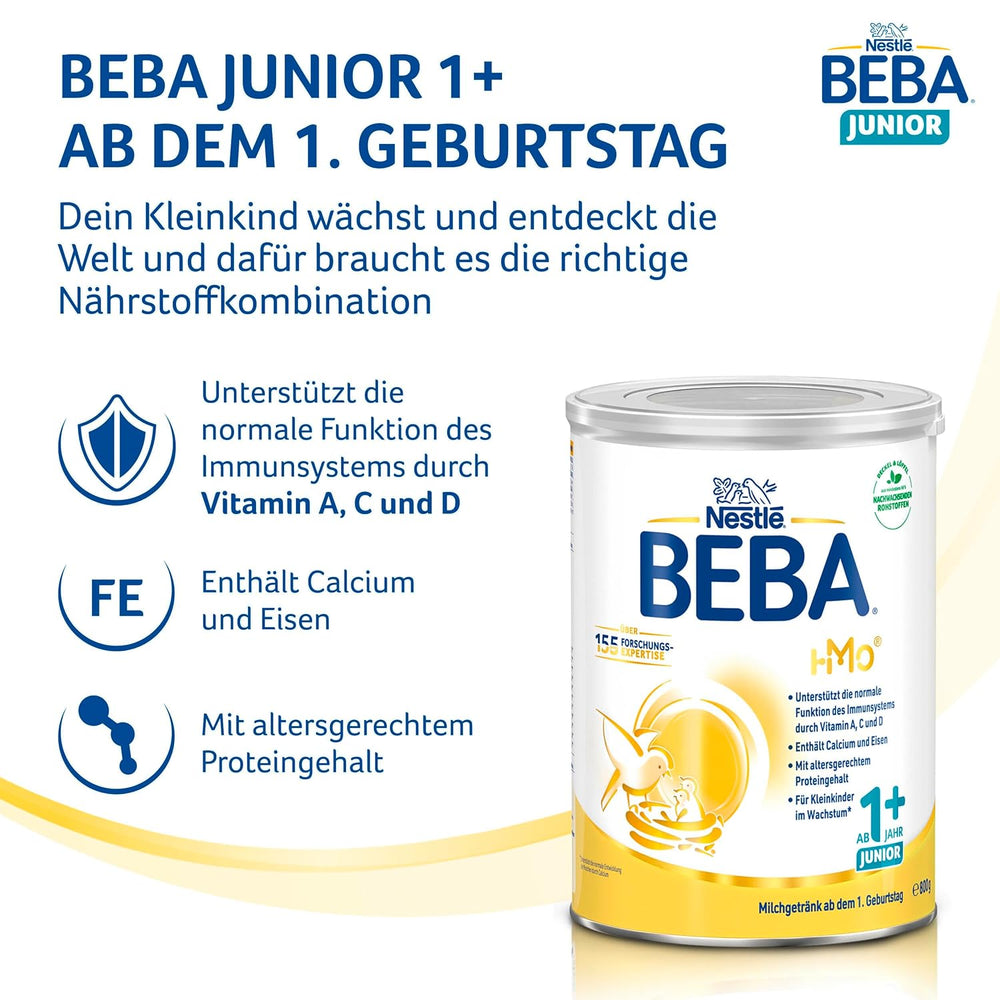 Boisson lactée BEBA Junior 1+ à partir de 1 an, Avec HMO, Teneur en protéines adaptée à l'âge, Lactose uniquement, Sans huile de palme, Sans huile de poisson, Aliments pour tout-petits, Lait en poudre pour bébé, Lot de 6 (6 x 800 g)
