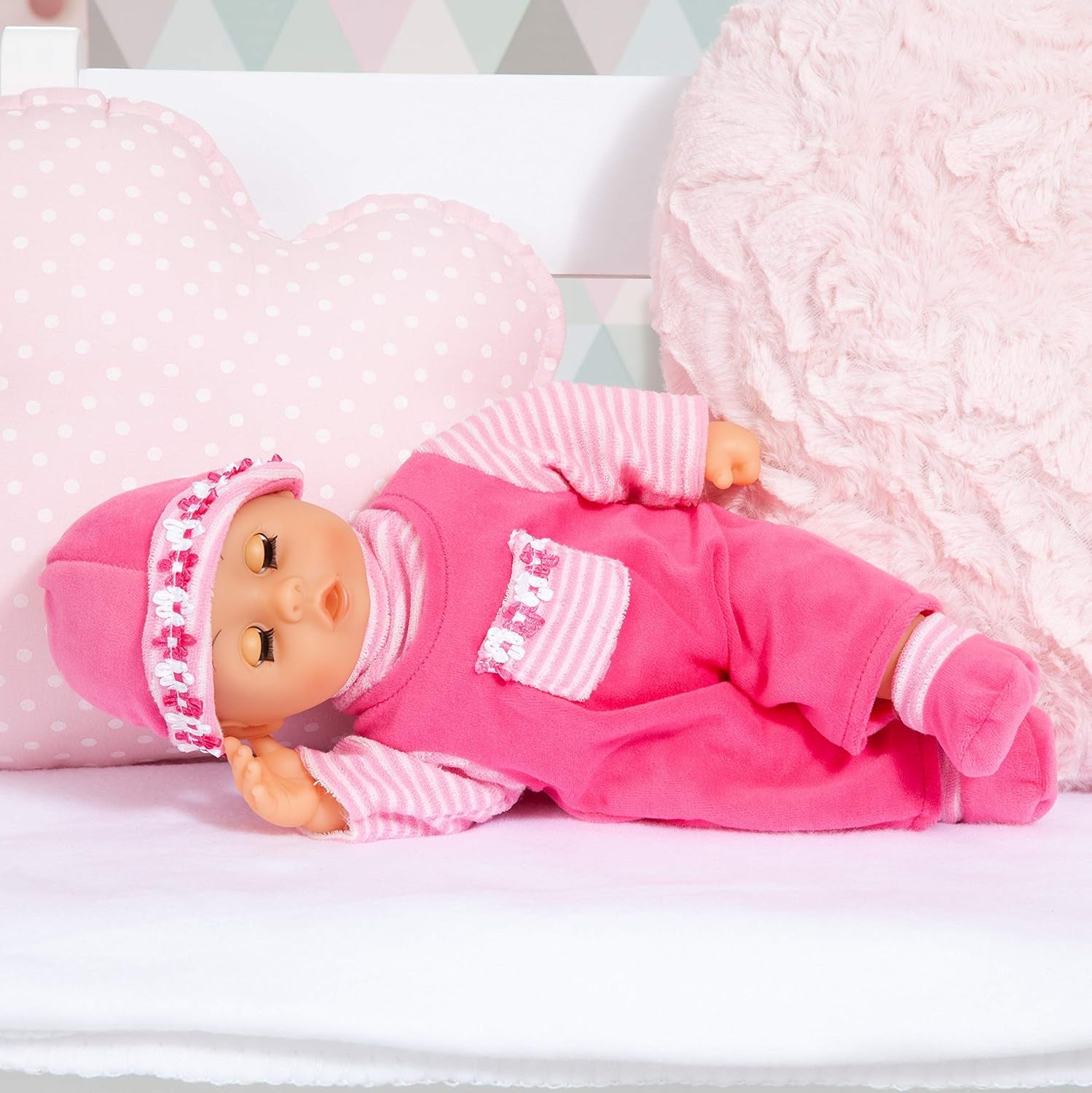 Bayer Design 93800-pink 93825AA Babypuppe First Words, Schlafaugen, spricht 24 Babylaute, weicher Körper, mit Schnuller und Flasche, 38 cm, rose
