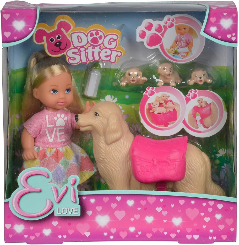 Simba 105733072 - Evi Love Dog Sitter avec chien et trois chiots, accessoires, poupée mannequin, 12 cm, pour enfants à partir de 3 ans