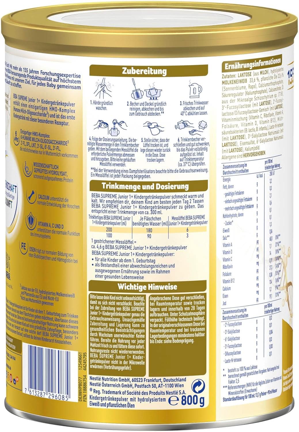 Băutură pentru copii BEBA SUPREME Junior 1+ de la 1 ani, mâncare pentru copii cu complex 6 HMO, numai lactoză, fără ulei de palmier, pachet 6 (6 x 800 g) Mama si Copilul Naty Shop