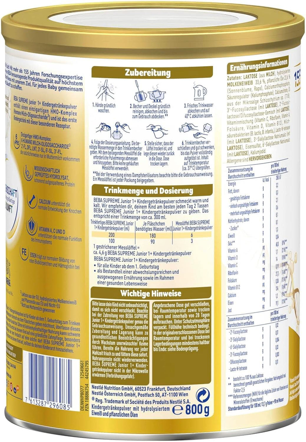 Boisson pour enfants BEBA SUPREME Junior 1+ à partir de 1 ans, nourriture pour enfants avec complexe 6 HMO, uniquement lactose, sans huile de palme, pack 6 (6 x 800 g) Mère et Enfant Naty Shop