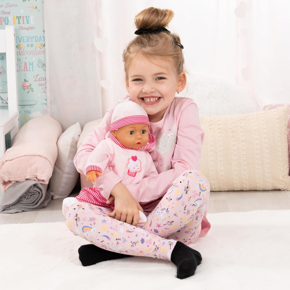 Babypuppe First Words mit Schlafaugen, spricht 24 Babylaute, mit Schnuller et Flasche, 38 cm, Rosa/Streifen