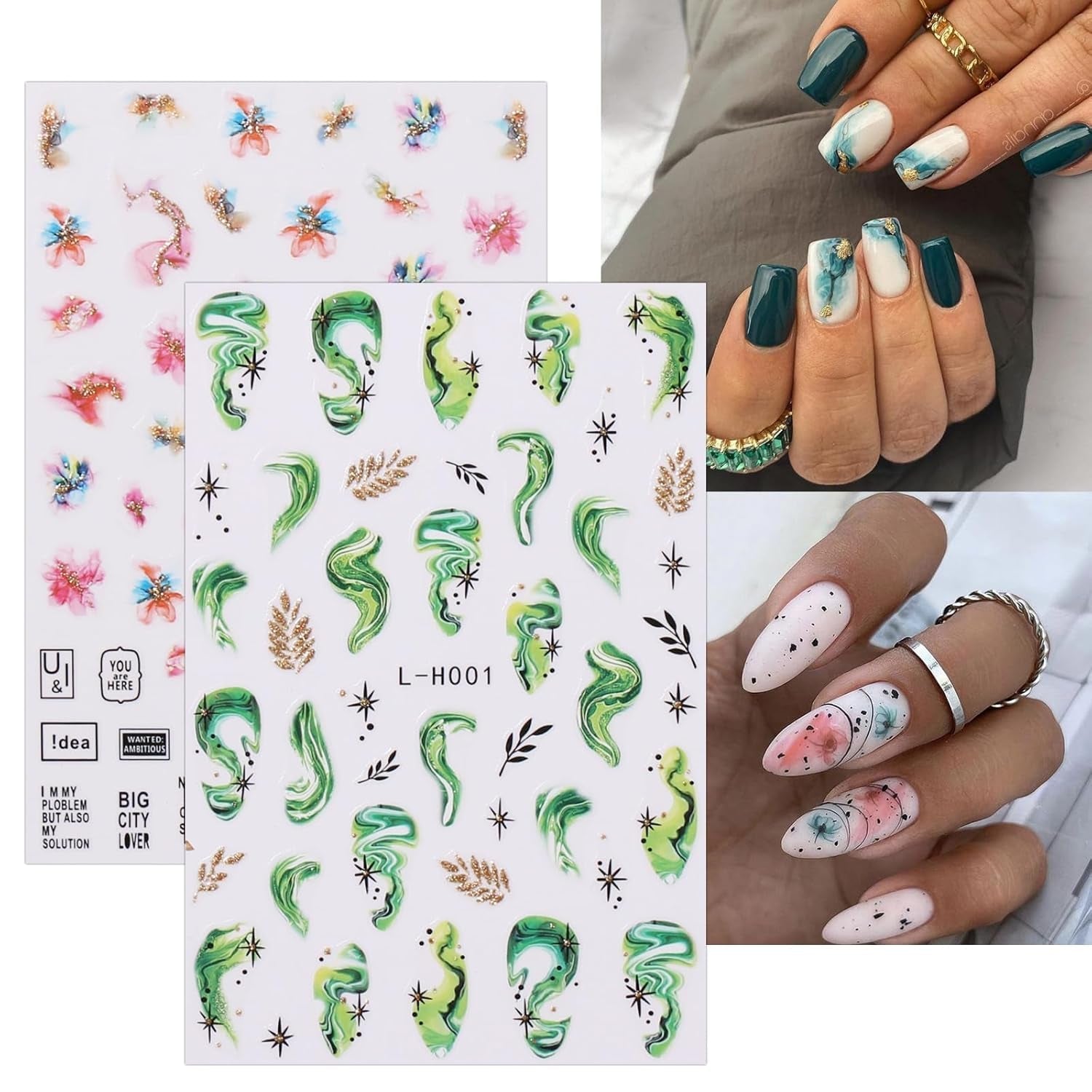 JMEOWIO Nagelsticker Marmor Französische Spitze 10 Blatt Nail Art Sticker Selbstklebend Nagelaufkleber Bunt Dekoration Nageldesign Zubehör