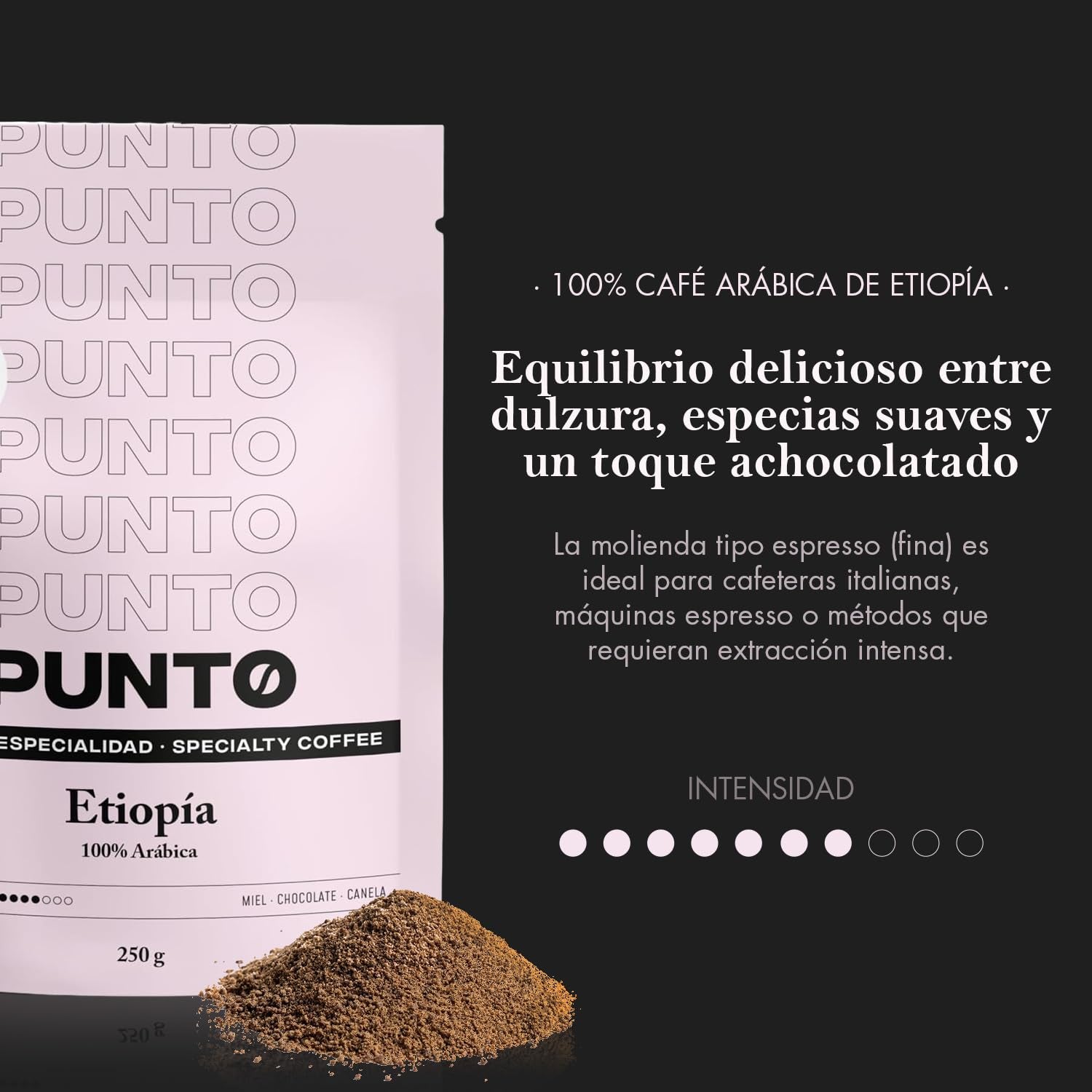 – Café éthiopien moulu – 250 g – Café spécial – Torréfaction moyenne – 100% Arabica – Notes de miel, de cannelle et de chocolat – Acidité intense – Corps moyen