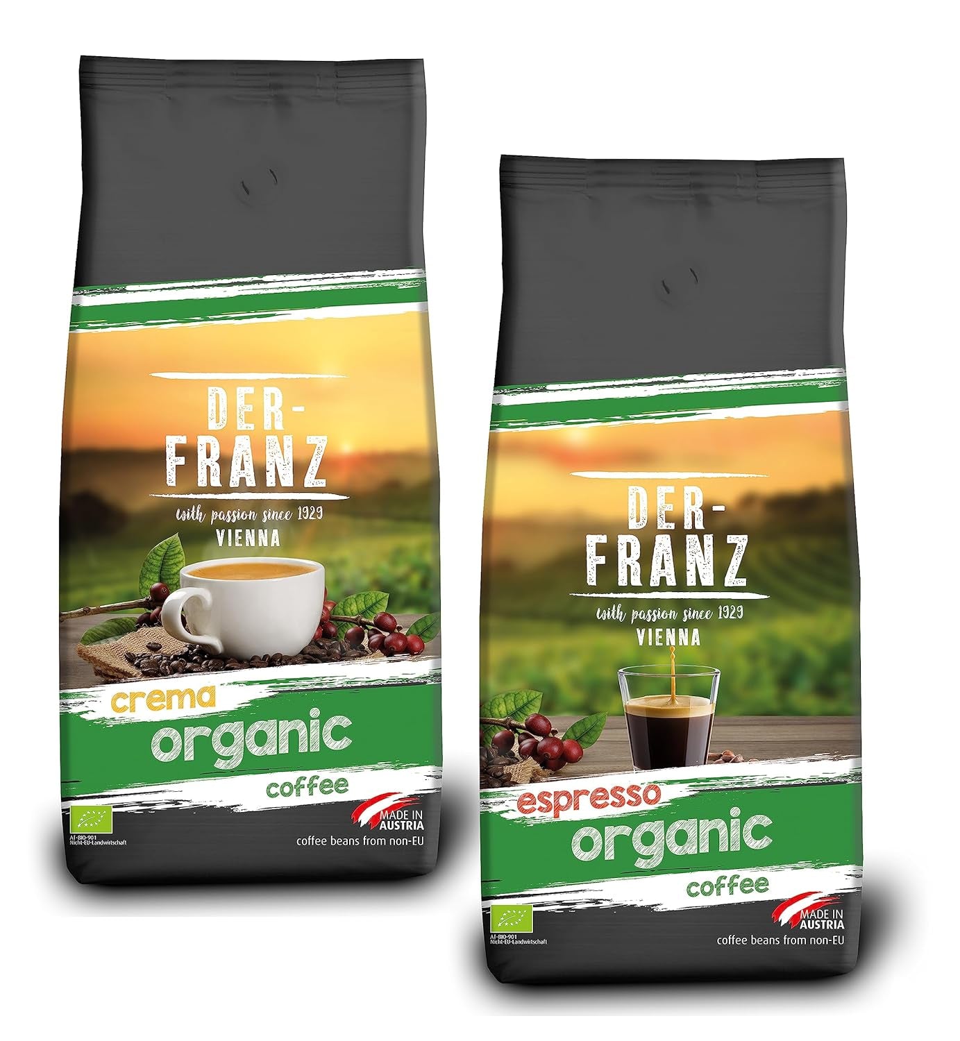Paquet de café biologique Der-Franz : 1x crème biologique, 1x expresso biologique, grains entiers, 2 x 1000 g