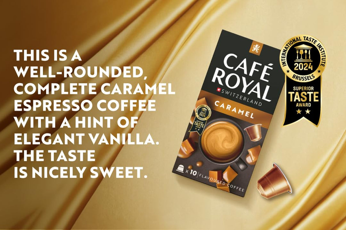 Café aromatisé Café Royal Caramel – Capsules de café compatibles Nespresso®, crémeuses, helle Röstung, 100 % Arabica, Rainforest Alliance, 100 capsules
