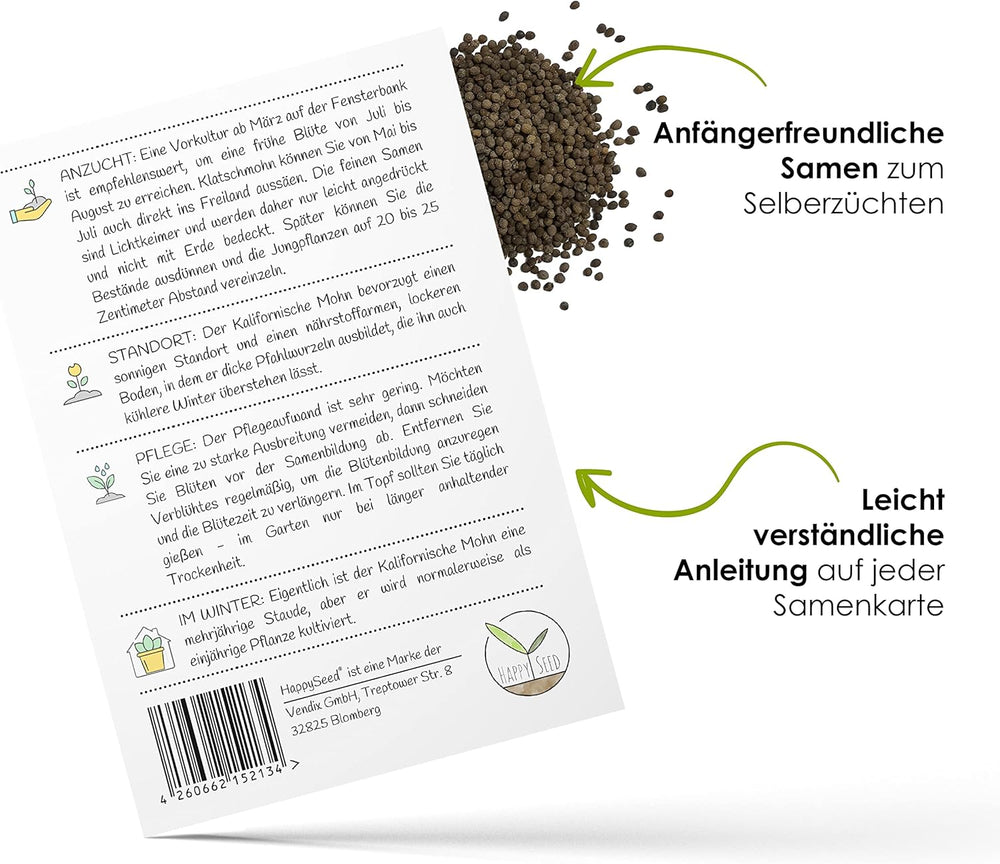 Mélange de graines de pavot de Californie (Eschscholzia californica) - De magnifiques coquelicots à fleurs avec une longue période de floraison pour une prairie fleurie colorée (pavot de Californie)