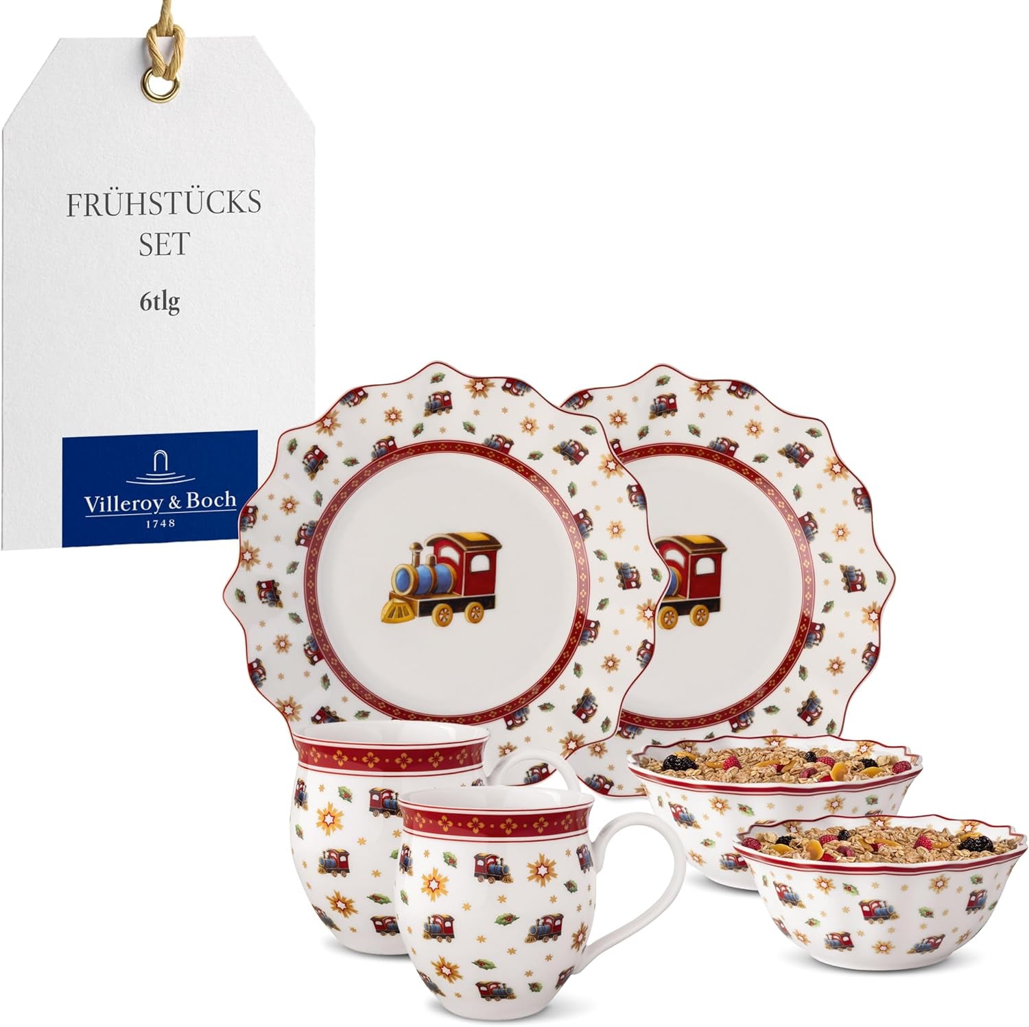 Villeroy & Boch - Toy's Delight Service de Petit-Déjeuner pour 2, Design Locomotive, 6 Pièces, Coloré, Noël, Service de Vaisselle avec Assiettes, Tasses et Bols pour Petit-Déjeuner, Vaisselle de Noël, Porcelaine Premium