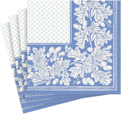 Serviettes de cocktail, feuille de chêne et gland, lin, bleu français et blanc, 15 par paquet