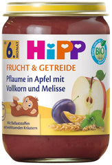 HiPP Prunes biologiques à la crème de pomme aux grains entiers et mélisse (6 x 190 g), à partir de 6 mois, avec des grains entiers biologiques et des herbes bienfaisantes, uniquement une douceur naturelle des fruits, de la meilleure qualité biologique