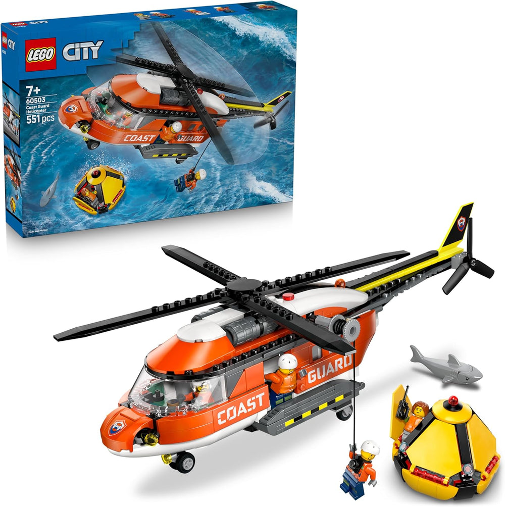 LEGO City Hubschrauber der Küstenwache - Spielzeug Einsatzfahrzeug - Modellbau mit Schiebetüren, Winche, 4 Minifiguren und Hai Figur - Geburtstagschenken für Jungen ab 7 Jahren - 60503
